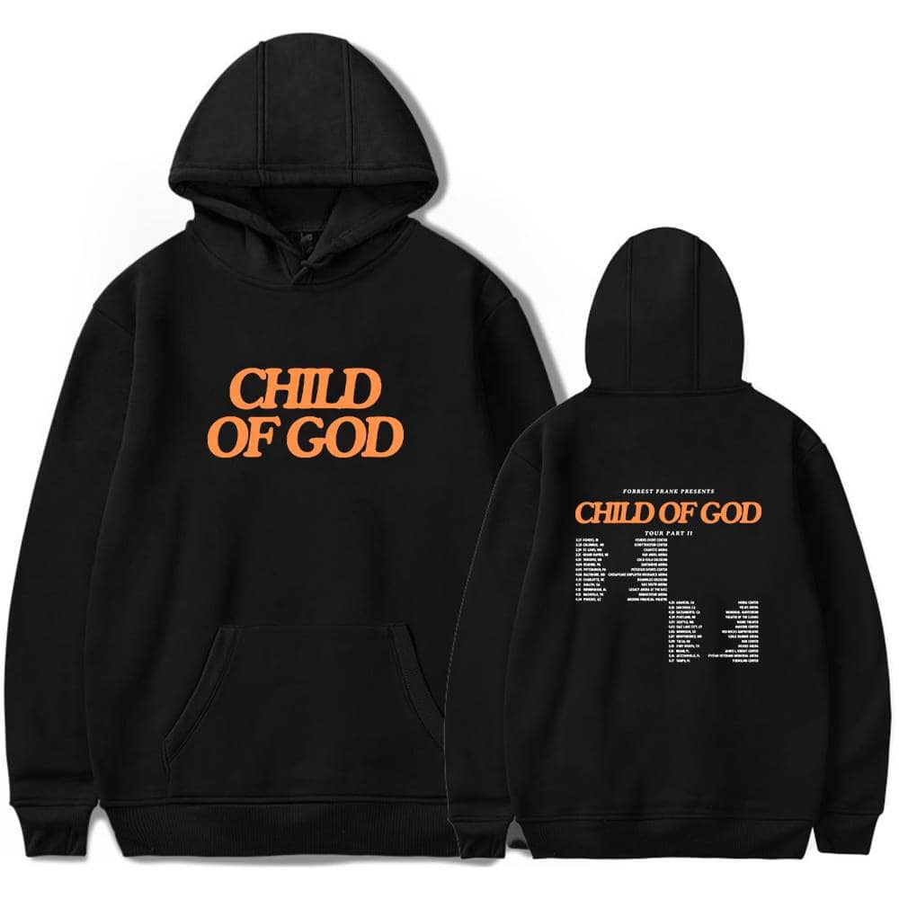 Child of God hoodie with concert tour details in bold orange text on black fabric. Perfect swag merch for Justin Bieber fans emphasizing faith and music.