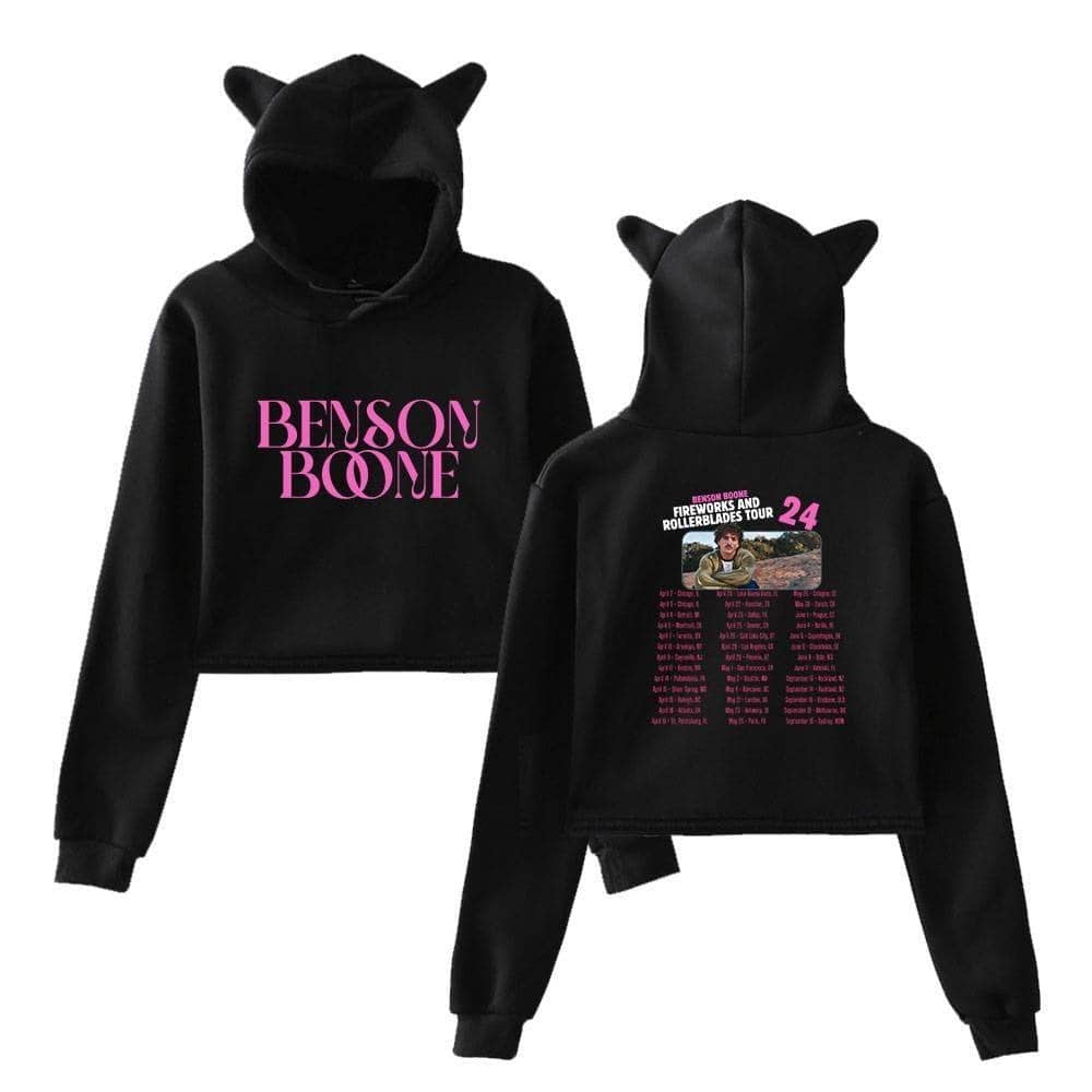 Benson Boone swag hoodie with cat ear hood, featuring bold pink lettering and concert tour details on the back, perfect for Justin Bieber fans wanting unique merchandise.