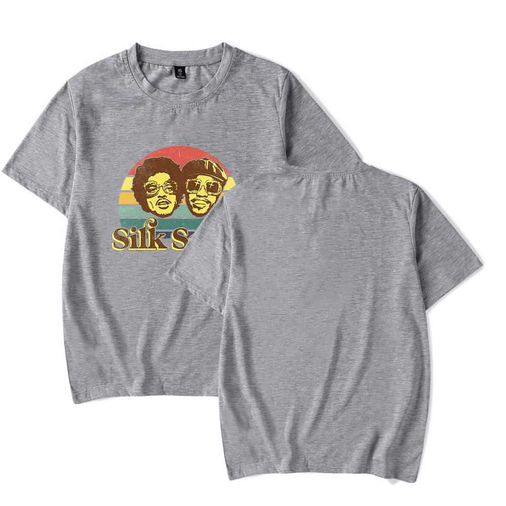 Silk Sonic graphic t-shirt featuring colorful retro design of musicians, ideal for Justin Bieber swag merch fans. Perfect for casual streetwear looks.