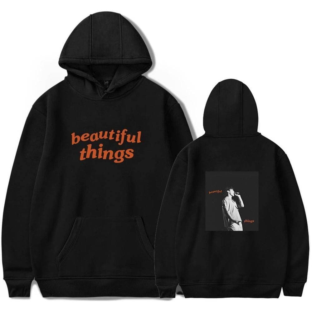 Black hoodie with "beautiful things" text in orange, Justin Bieber swag merch, front and back view.