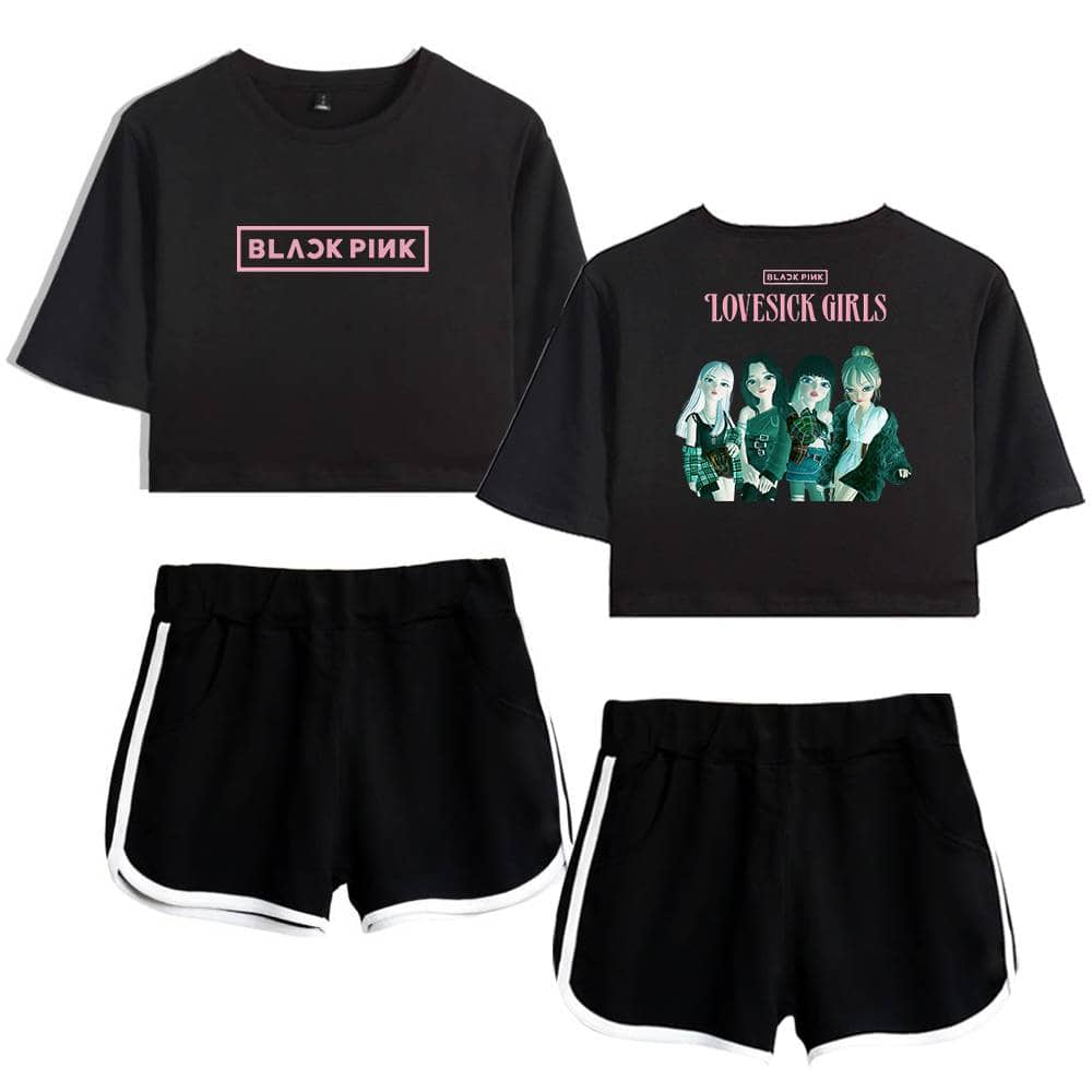 Black pink swag merchandise with graphic t-shirts and shorts featuring the K-pop girl group.