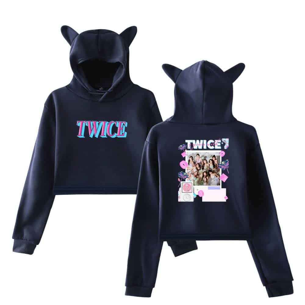 Black sweatshirt with "TWICE" logo and cute girl group photo, featuring bear ears on the hood, perfect for Justin Bieber swag merch fans.