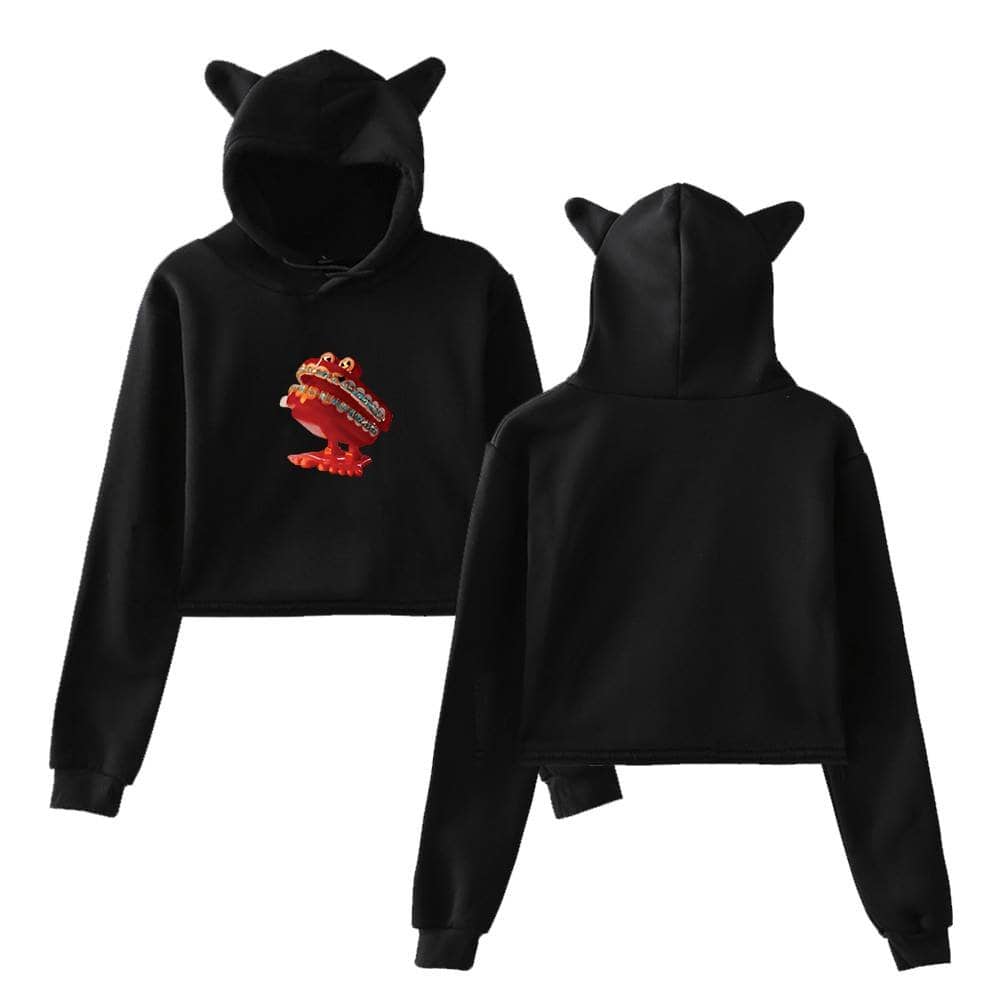 Brown hoodie with cartoon character embroidery, black hoodie with cat ears, trendy Justin Bieber swag merchandise for fans, stylish hoodies featuring playful and bold designs, perfect for streetwear and music fan apparel enthusiasts.