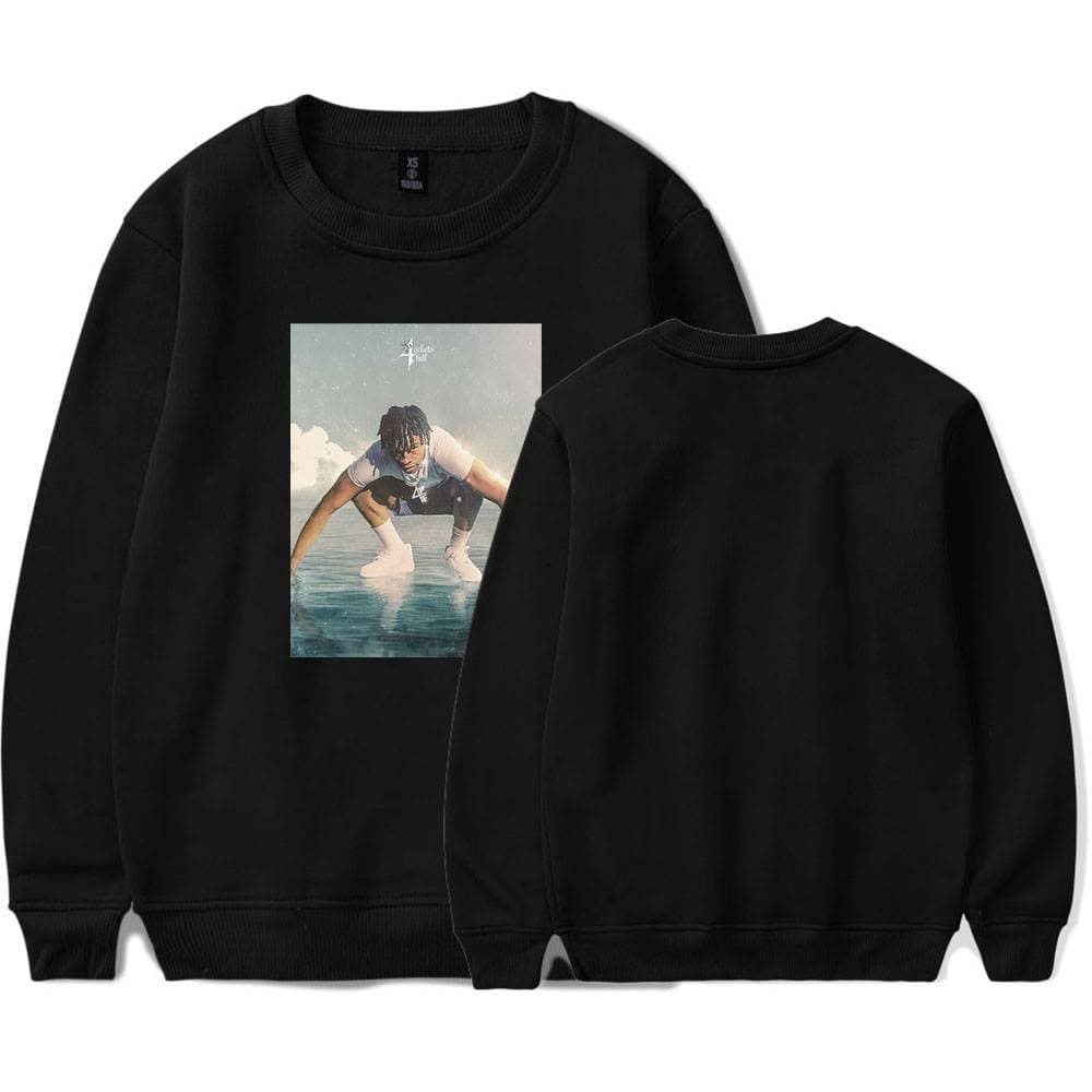 Justin Bieber swag merch black sweatshirt with a graphic print of him crouching on water, showcasing trendy streetwear style. Perfect for fans looking to sport stylish and casual Bieber-inspired apparel.