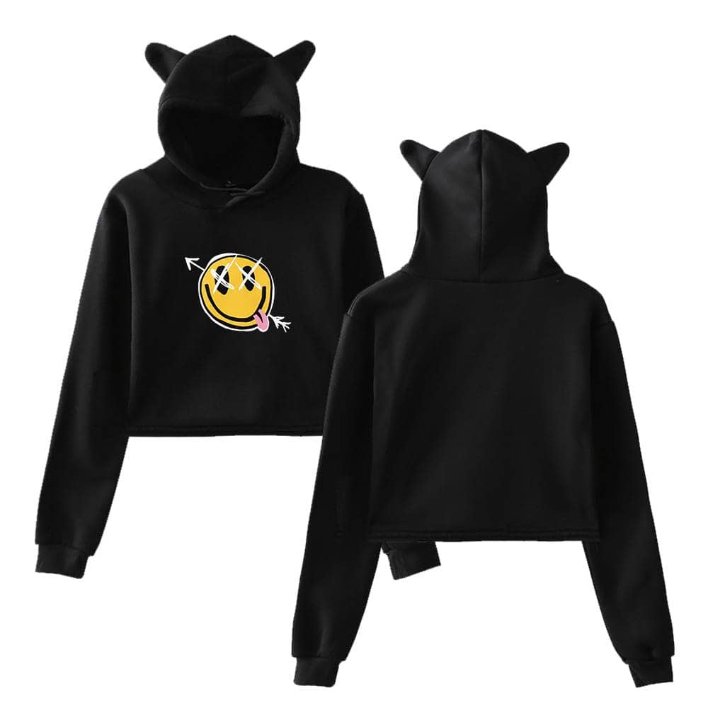 Black hoodie with Justin Bieber swag emoji design, playful and trendy streetwear for fans of Justin Bieber, stylish hoodie featuring a smiley face with X's over the eyes and a tongue sticking out, perfect for casual or concert wear, with a cute cat-ear hoodie design.