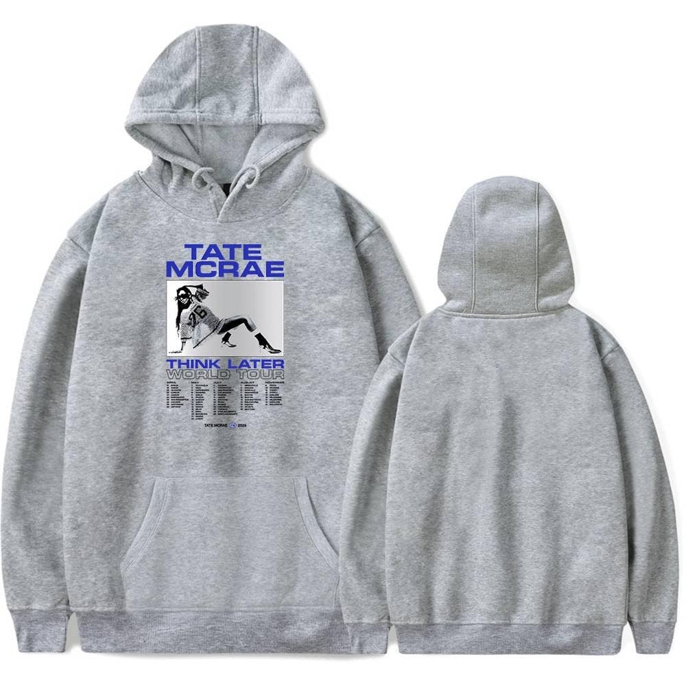 Gray hoodie featuring Justin Bieber swag merchandise with bold graphic design and text.