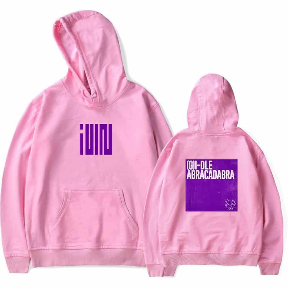 Jumbo hoodie with purple graphic print and text; pink color, front and back views.