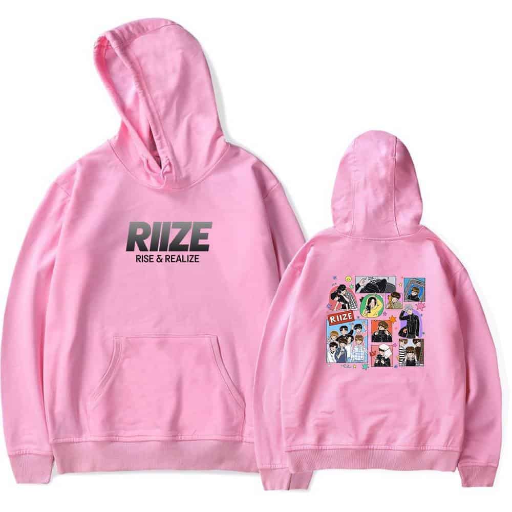 RUIZE pink hoodie with "RUIZE RISE & REALIZE" text on the front, featuring cartoon illustrations of Justin Bieber on the back, part of swag merchandise collection.