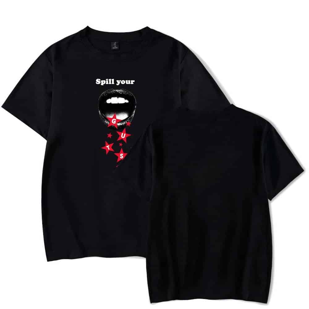 Black Justin Bieber swag merch T-shirt featuring a graphic mouth with dripping lipstick and the phrase "Spill your GUTS" with red stars. Trendy and bold streetwear style for fans.