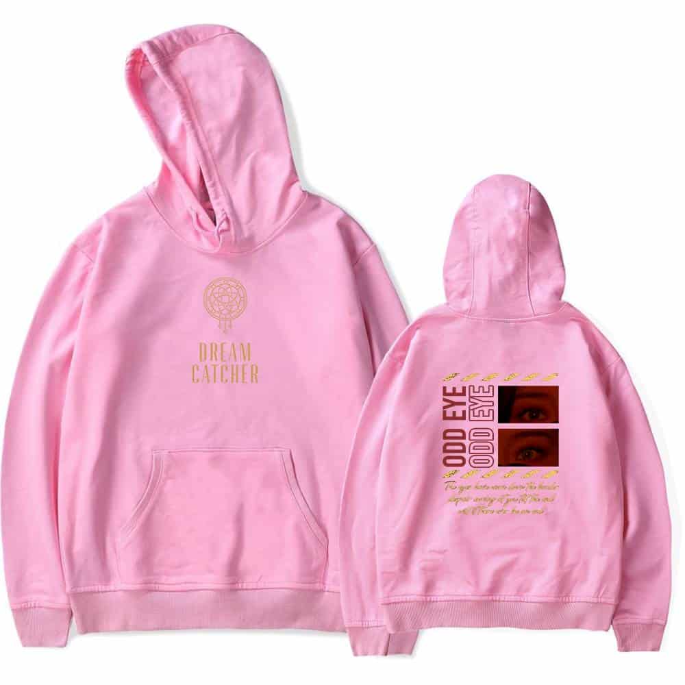 Pink hoodie with "Dream Catcher" text and eye logo, Justin Bieber swag merch, casual streetwear style, trendy apparel for fans and fashion enthusiasts, comfy and stylish hoodie for everyday wear.
