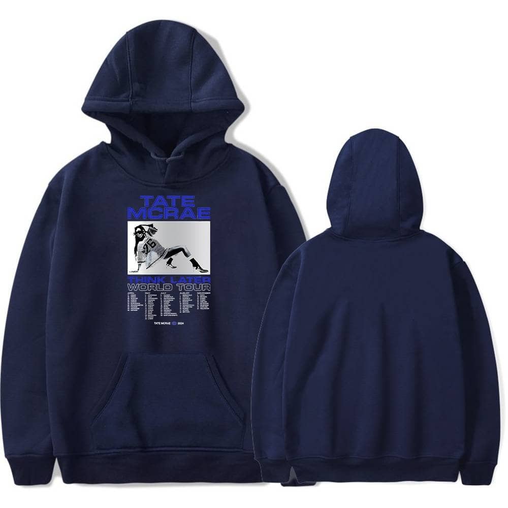 Tate Mcrae swag hoodie with graphic print and tour details in blue and black colors.