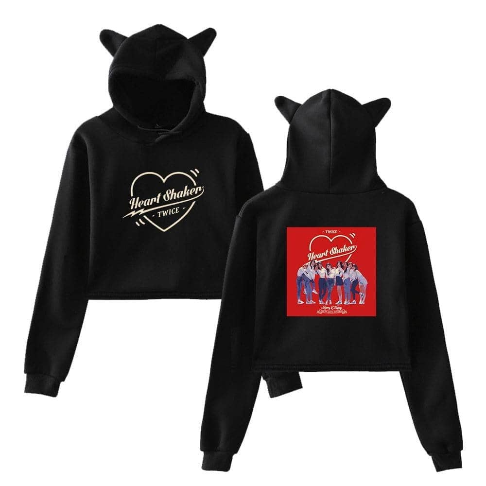 Heart Shaker TWICE hoodies with cute cat ear hoods and logo prints, perfect for fans of K-pop merchandise and Justin Bieber swag style. Stylish, cozy, and trendy apparel for music lovers.