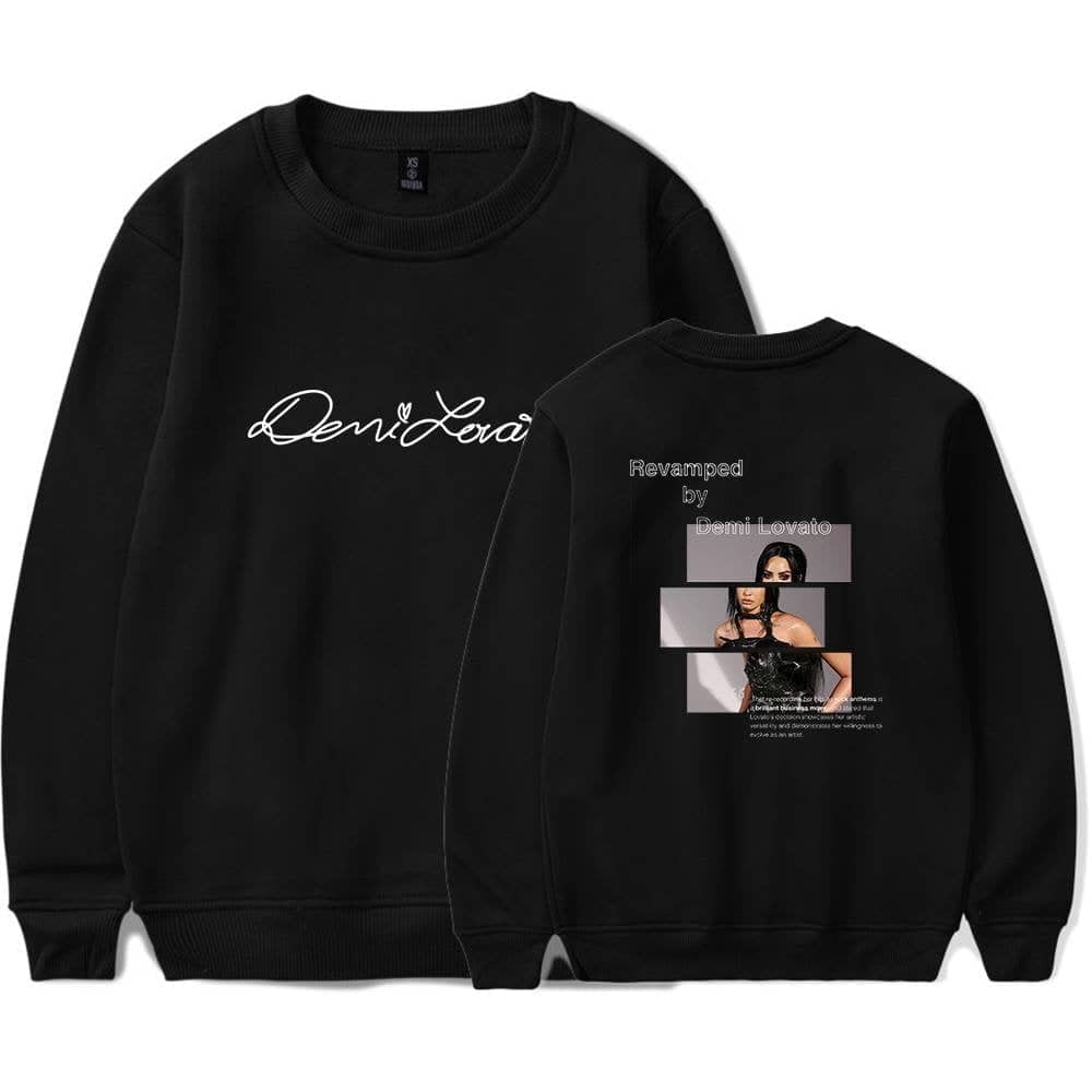 Black sweatshirt featuring Justin Bieber swag merch with Demi Lovato graphics and bold text.