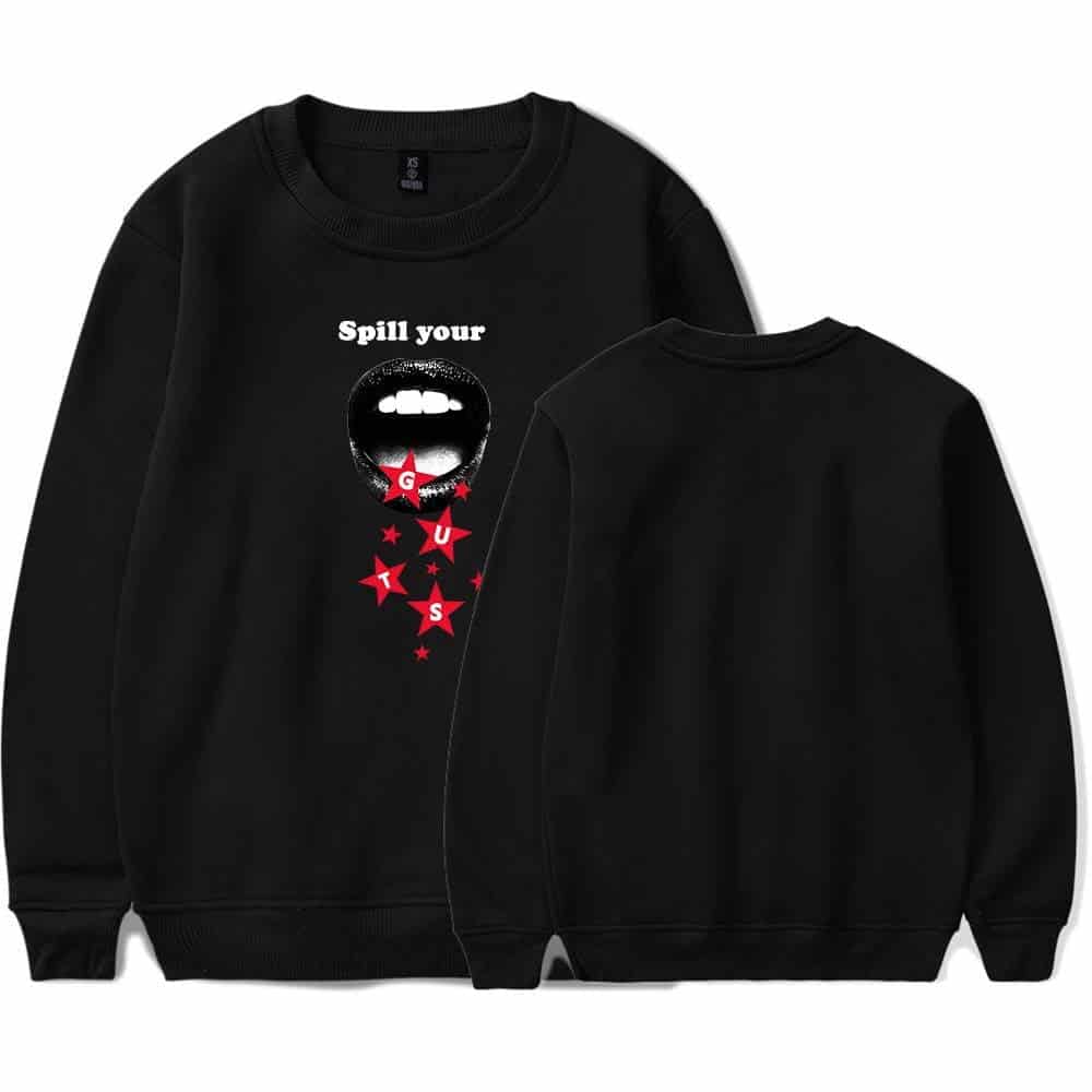 Spill your guts sweatshirt with graphic lips and red stars featuring the words "GUTS" for Justin Bieber swag merch.