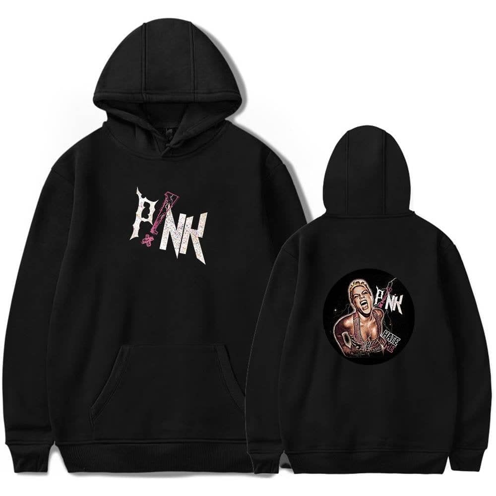 Pink hoodie with glitter text and graphic design featuring a fierce woman.
