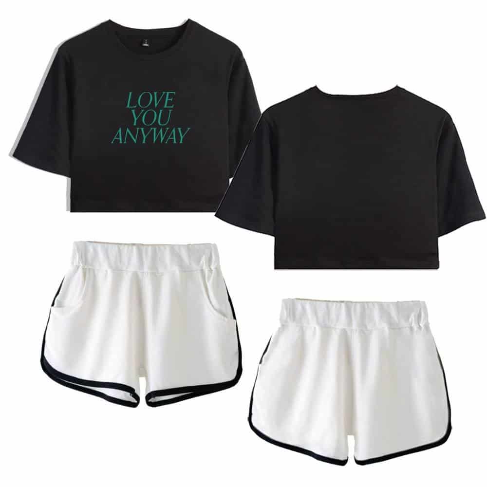 Love you anyway slogan on black cropped t-shirt, casual summer swag merch for Justin Bieber fans.
