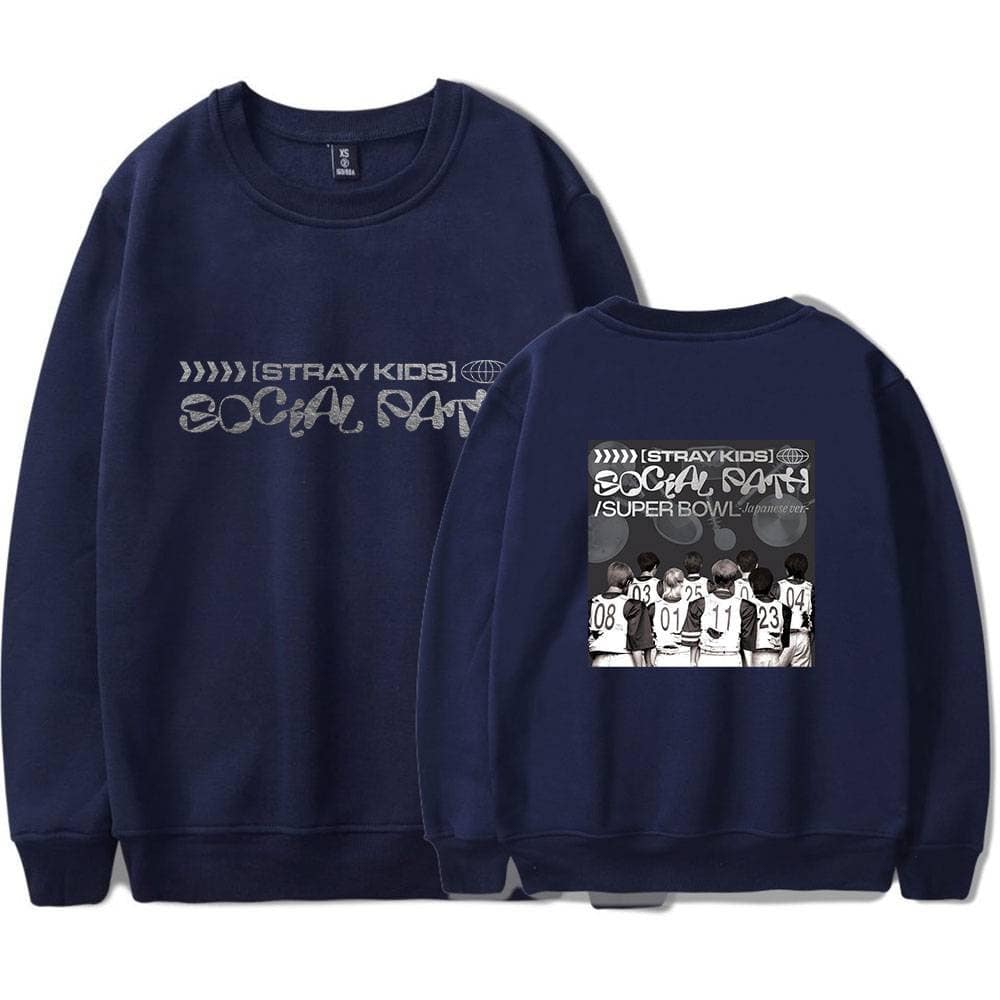 Black sweatshirt with "Stray Kids Social Party" graphic design, featuring the group members and event details, showcasing trendy swag merch style inspired by Justin Bieber.