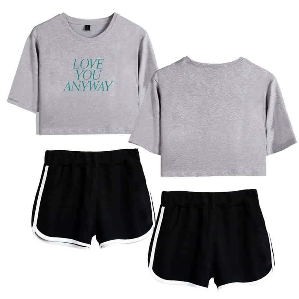 Justin Bieber swag merch casual athleisure set featuring a grey crop top with "Love You Anyway" text and matching black shorts with white trim, perfect for fans to showcase their style.