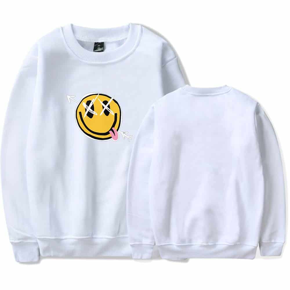 Smiley face sweatshirt with playful tongue and arrow design, perfect for Justin Bieber swag merch fans.