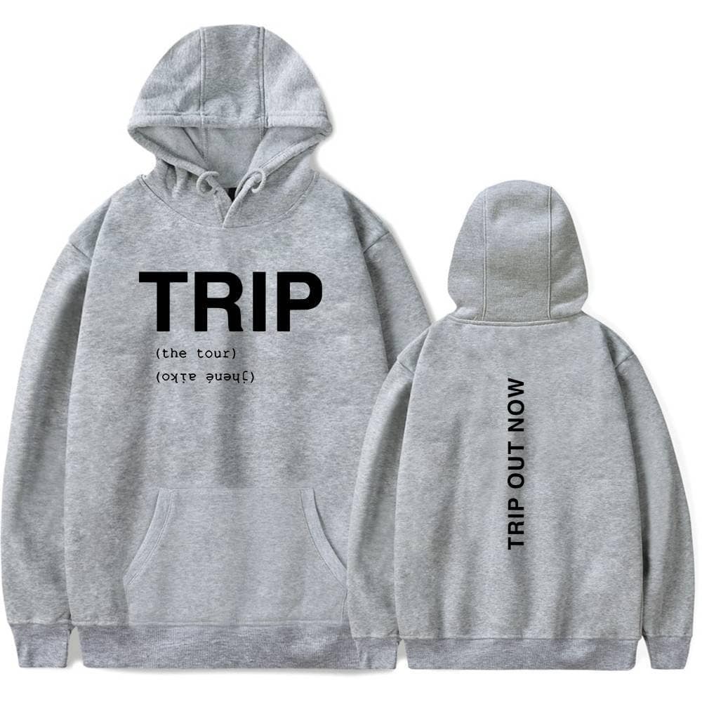 TRIP hoodie with bold front text and slogan on the back, perfect for Justin Bieber swag merch fans. Stylish, comfortable, ideal for casual wear or concerts.