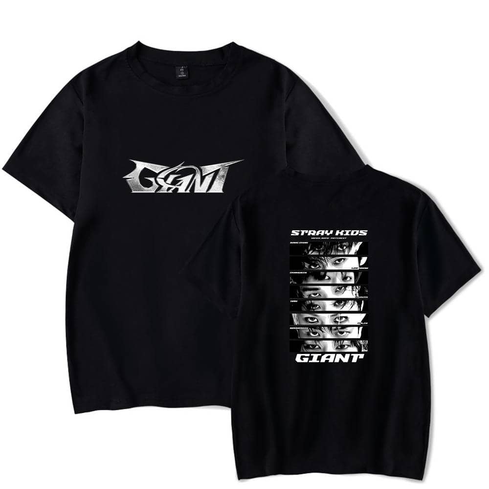 Giant and Stray Kids themed black graphic T-shirts, stylish and trendy swag merchandise for fans of Justin Bieber and K-pop enthusiasts. Perfect for casual wear and city fashion statements.