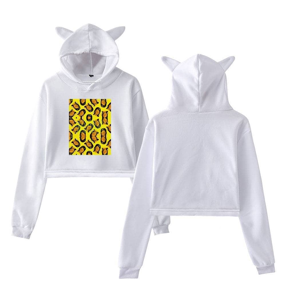 White hoodie with animal print design and animal ears on the hood, stylish and cozy swag merch for Justin Bieber fans.