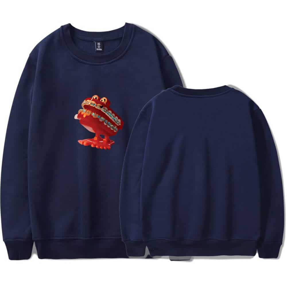 Justin Bieber swag merch sweatshirt featuring a colorful cartoon character design on a navy blue background. Perfect for fans who want trendy, cool, and stylish streetwear endorsed by the pop icon.