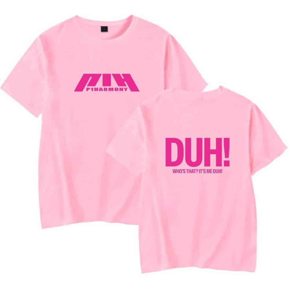 Pink Justin Bieber swag hoodie with bold graphic print, featuring the phrase "PIHARMONY" on the front and "DUH! WHO'S THAT? IT'S ME DUH!" on the back, showcasing trendy streetwear style.