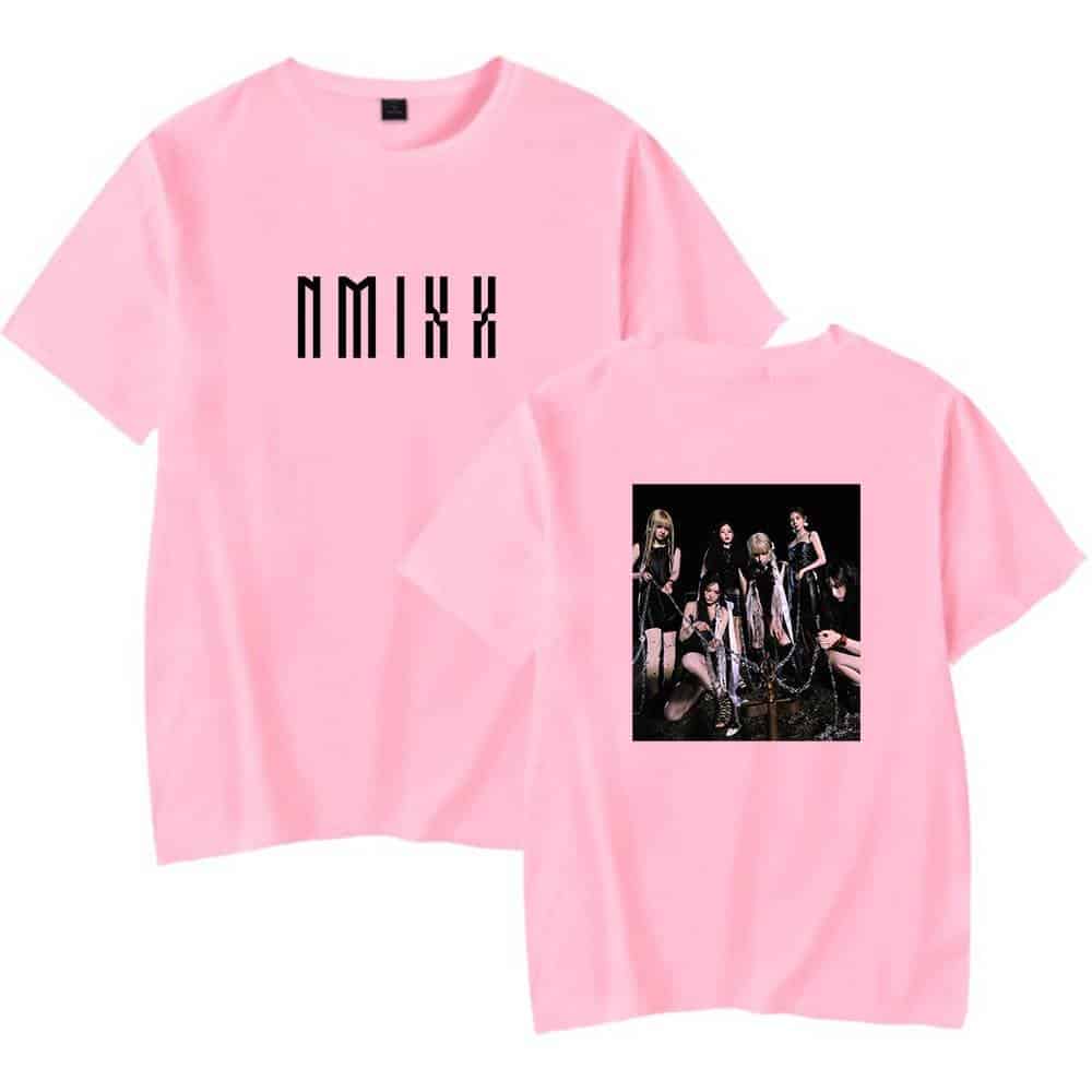 Bright pink Justin Bieber swag merch T-shirts with bold graphic designs and a photo print of a group of stylish women, showcasing trendy streetwear style. Perfect for fans of Justin Bieber and teen fashion.