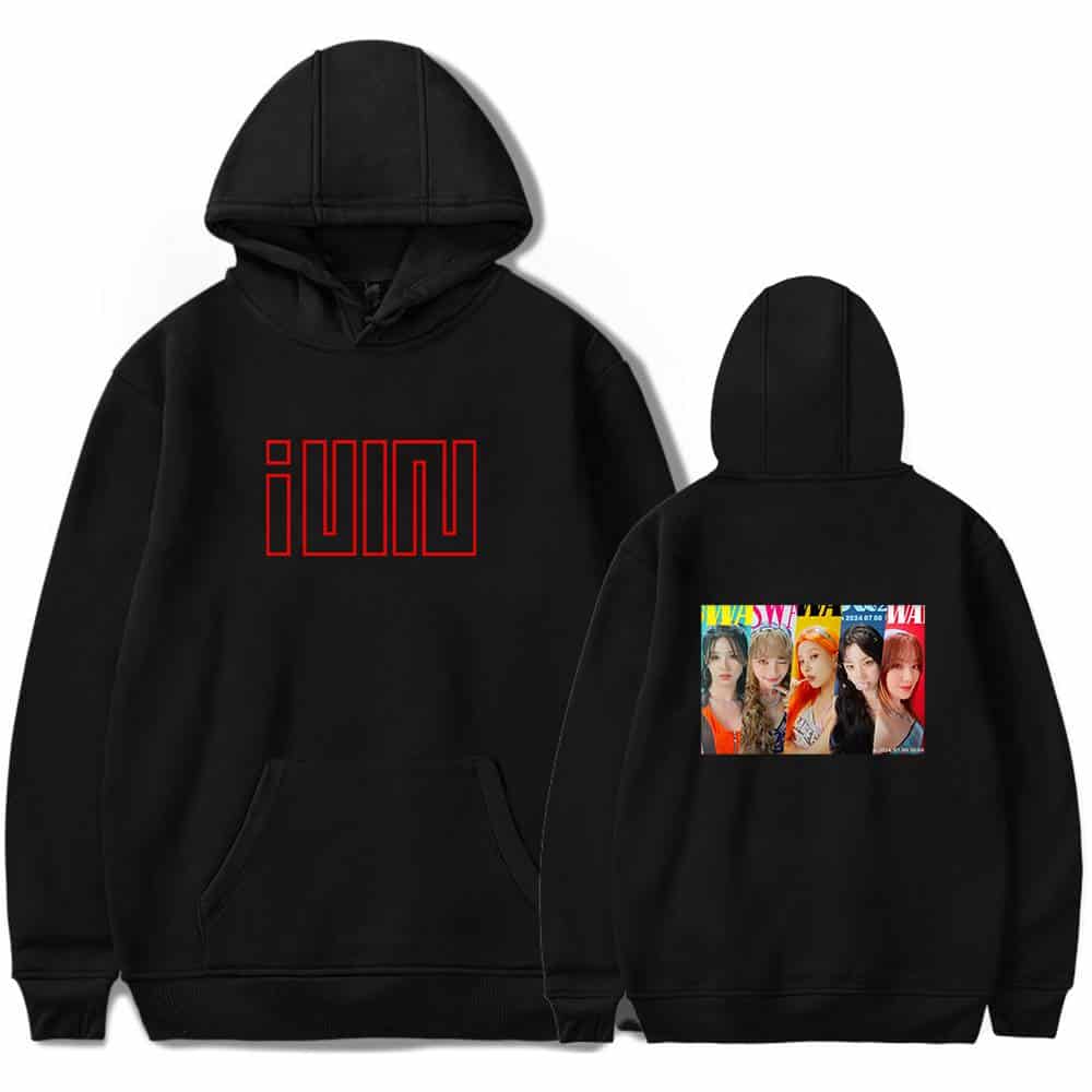 IUnique Justin Bieber swag hoodie with colorful magazine print on the back and bold logo on the front, perfect for fans of trendy pop merchandise.