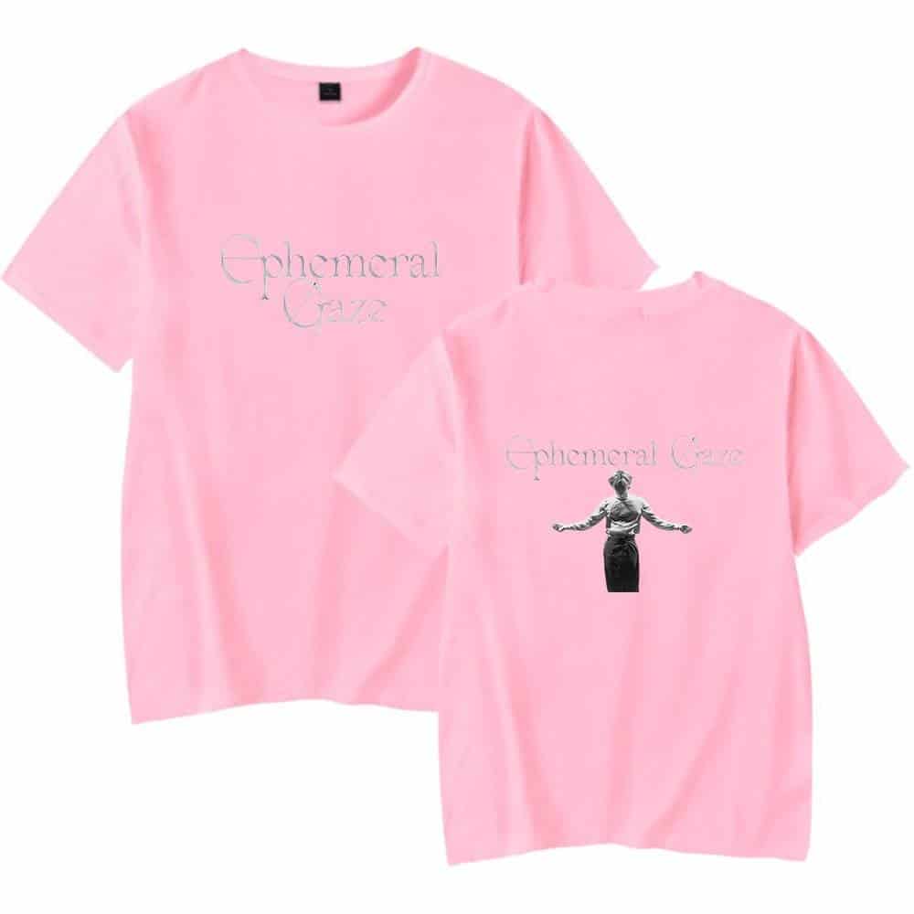 Pink Justin Bieber swag merch t-shirt with "Ephemeral Gaze" text and a black-and-white graphic of a woman on the back. Perfect for fans of Justin Bieber's exclusive apparel collection.