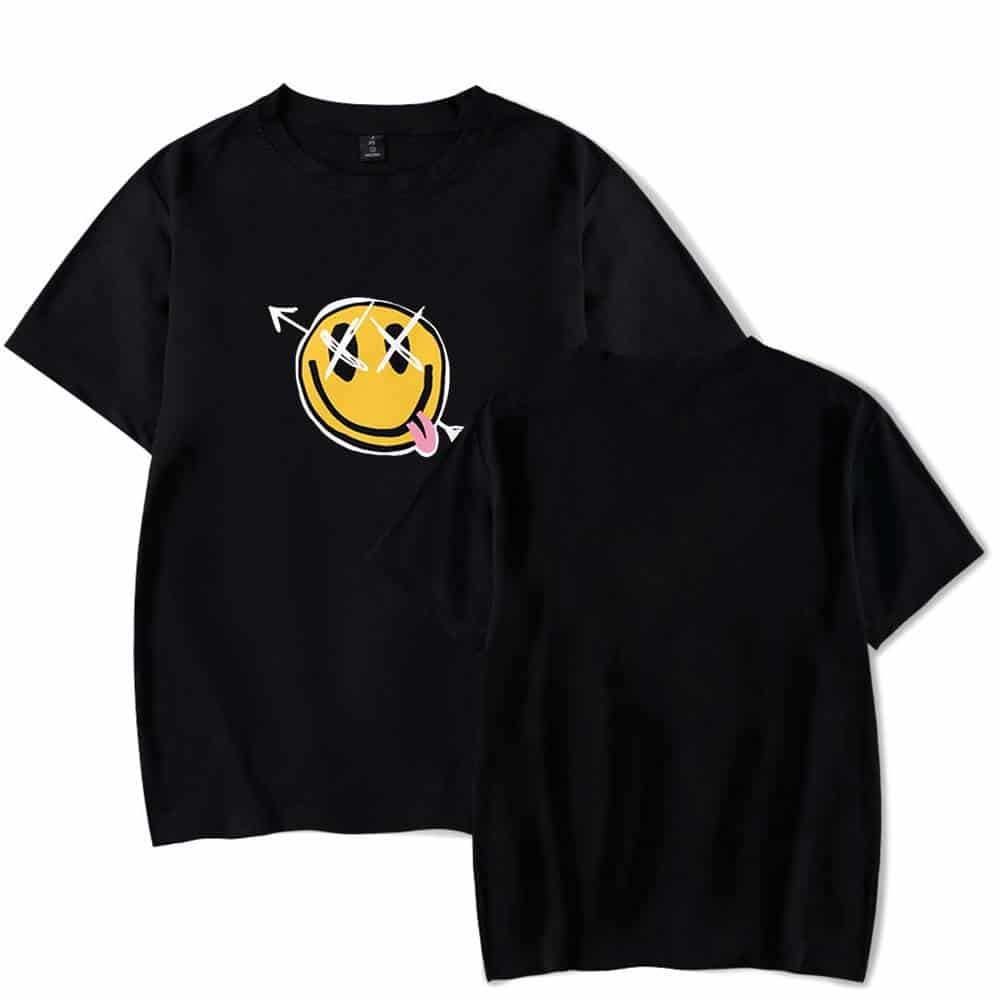 Smile face emoji t-shirt with playful tongue-out design, part of Justin Bieber swag merch collection featuring bold graphic style. Perfect for fans seeking trendy streetwear.