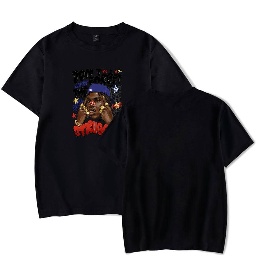 Black Justin Bieber swag merch T-shirt featuring a colorful cartoon graphic of Justin Bieber with the word "Struggle" in bold red text. Perfect for fans to showcase their style and support.