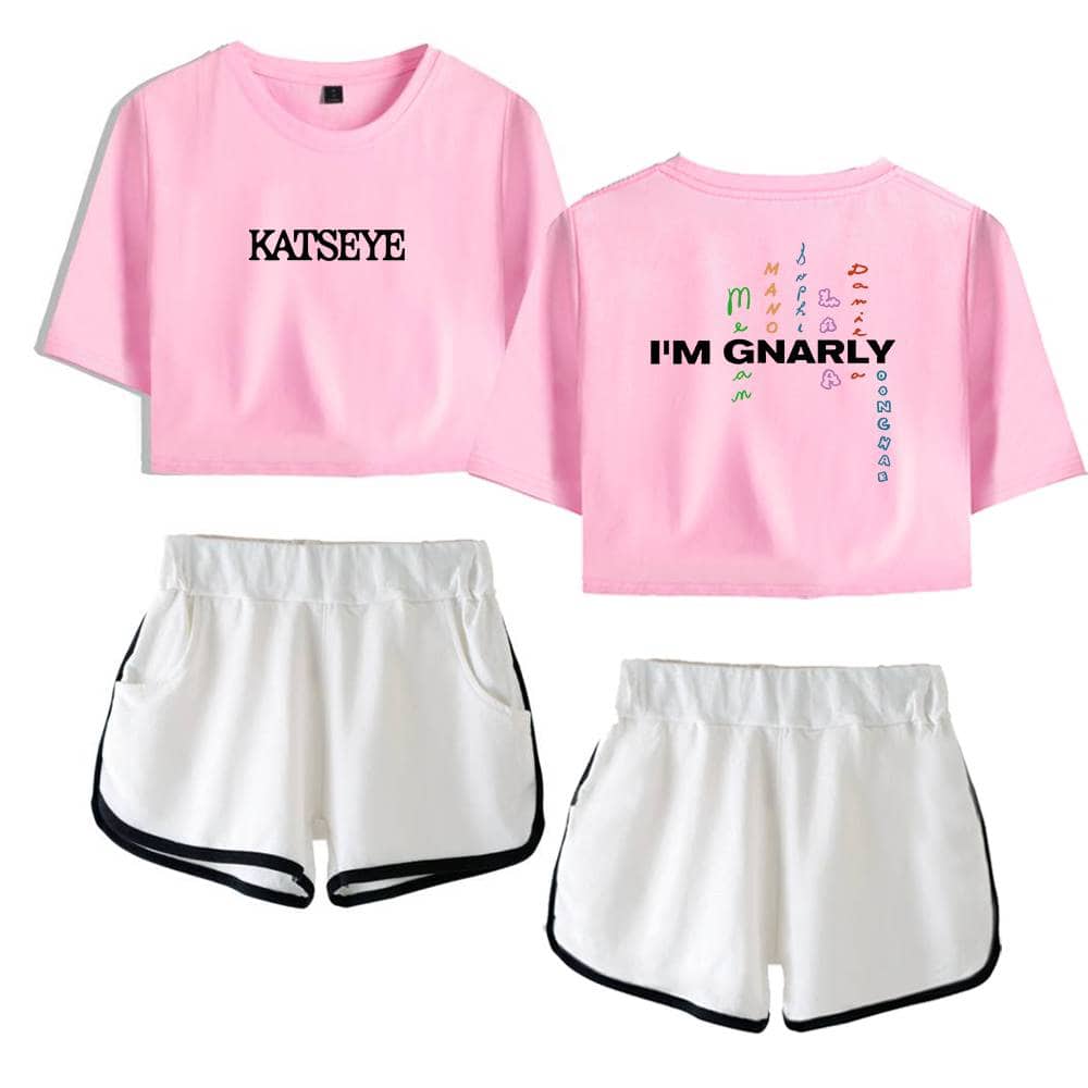 Katsye pink crop top with black text, white athletic shorts with black trim, casual streetwear style for fans of Justin Bieber swag merch.