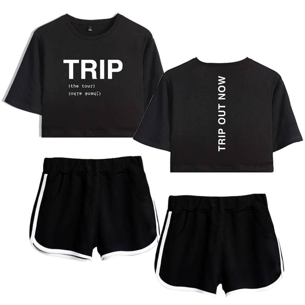 Black “TRIP” cropped sweatshirt with minimalist design and bold white text, casual style perfect for streetwear or fan-inspired looks.
