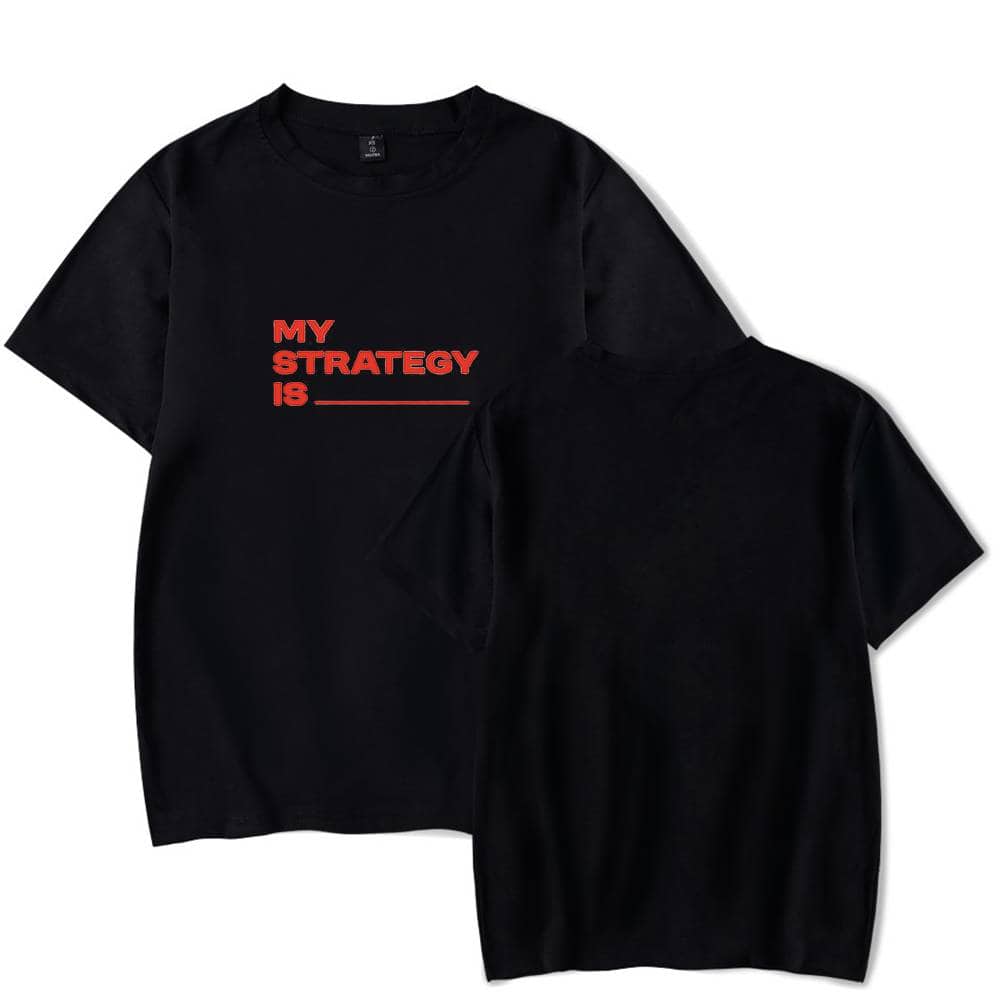 My strategy is ____ black t-shirt with red text inspired by Justin Bieber swag merch, stylish and edgy casual wear for fans and streetwear enthusiasts.