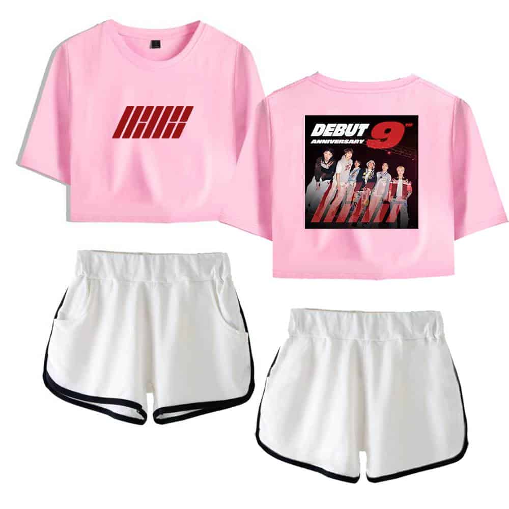 IHHK logo graphic on pink cropped t-shirt with white athletic shorts, featuring a band merchandise design inspired by Justin Bieber's swag style.