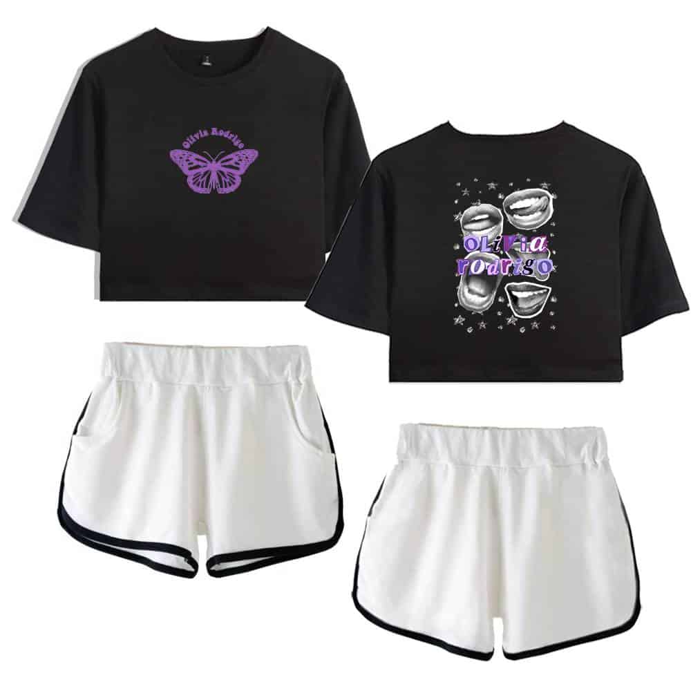 Justin Bieber swag merch fan-inspired casual outfit featuring black crop tops with graphic prints and white shorts with black trim. Perfect for fans looking to emulate Justin Bieber's trendy style.