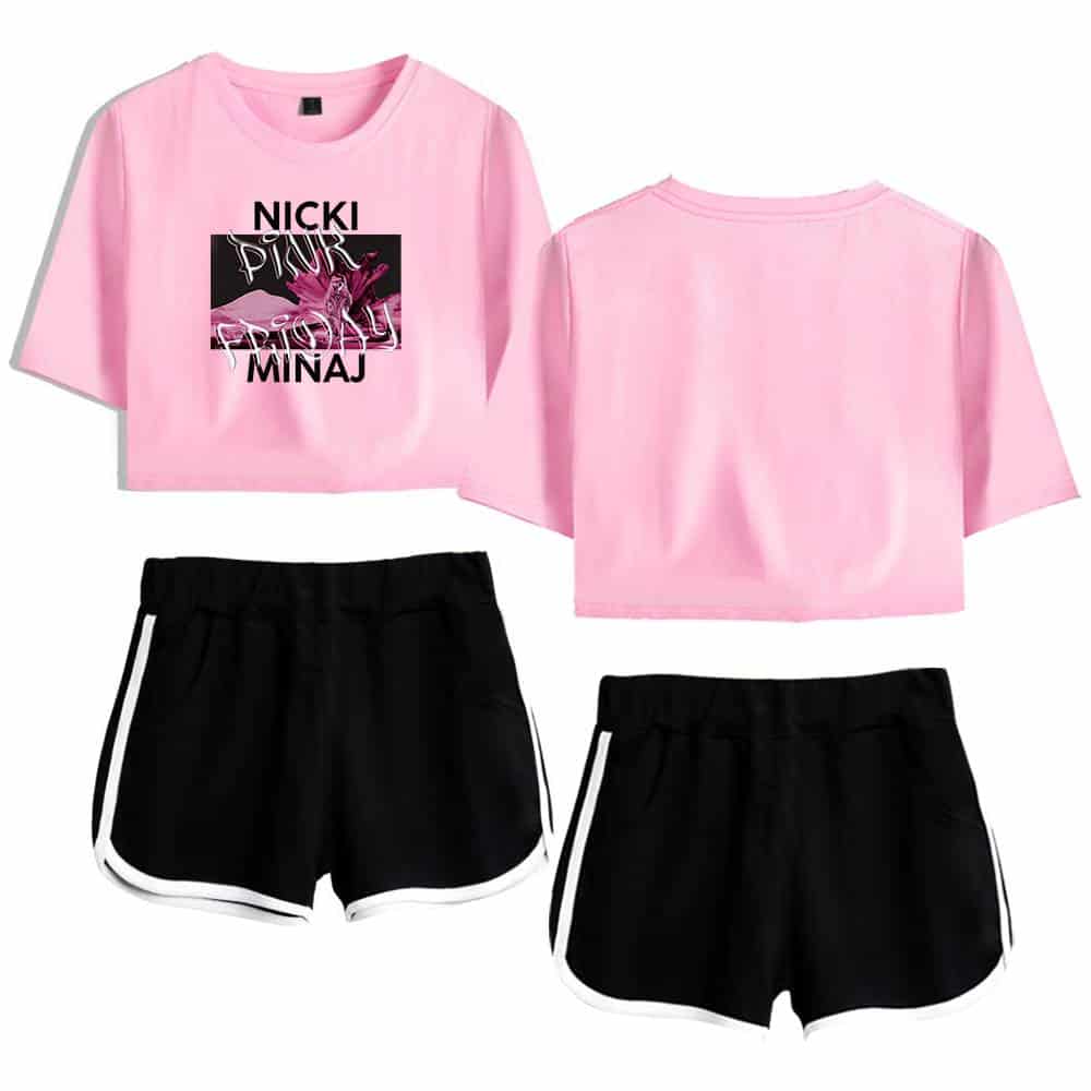 Nicki Minaj pink graphic crop top and black shorts set, perfect for casual and swag fashion statements.