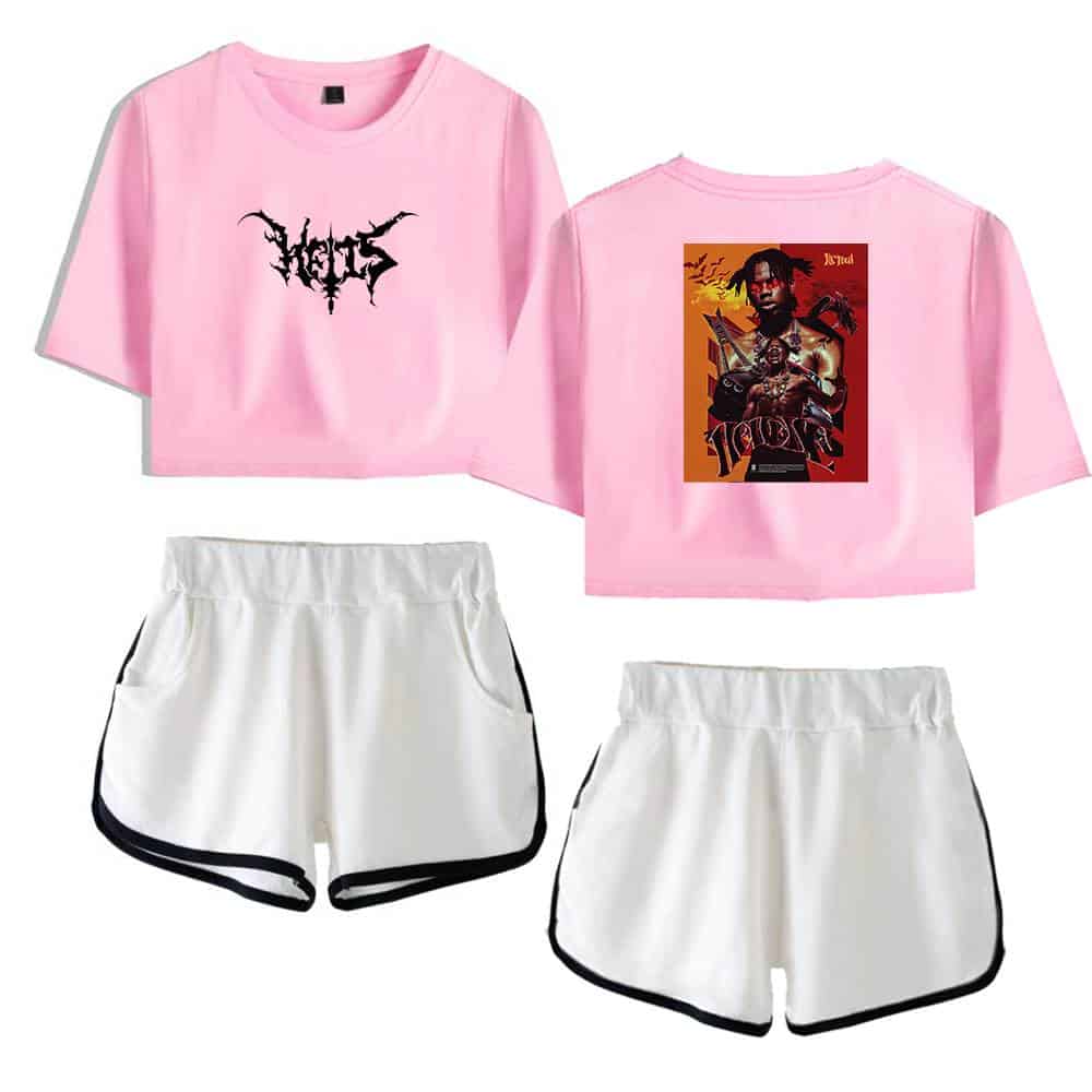 Black text graphic t-shirt with "NOIR" logo and a graphic of a rapper on the back, and white athletic shorts with black trim, parts of Justin Bieber swag merchandise collection.