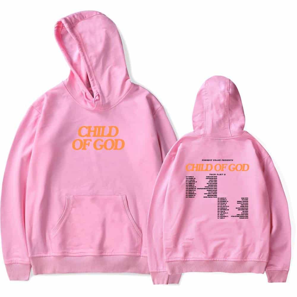 Child of God pink hoodie with bold orange text and tour details, inspired by Justin Bieber swag merch. Perfect for fans who want to showcase their faith and style.