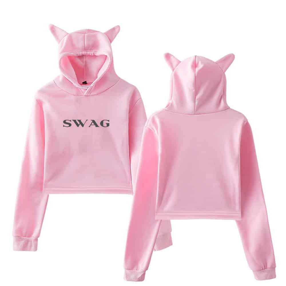 Pink hoodie with cat ears and "SWAG" text, trendy Justin Bieber-inspired streetwear swag merch.