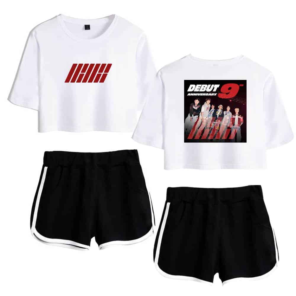 IHHiMH! bold red graphic t-shirt and casual black and white athletic shorts set.