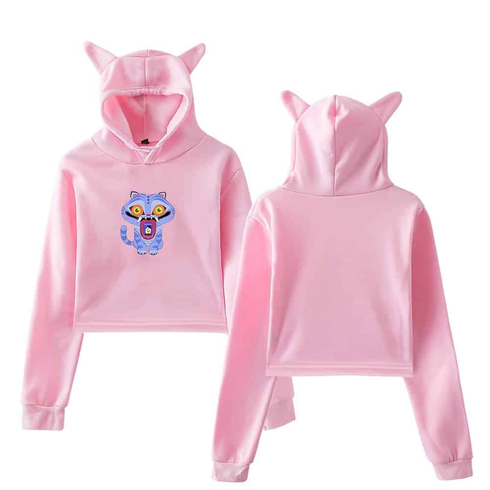 Pink hoodie set with cat graphic and bunny ears, trendy Justin Bieber swag merch for kids and teens perfect for casual wear and street style.