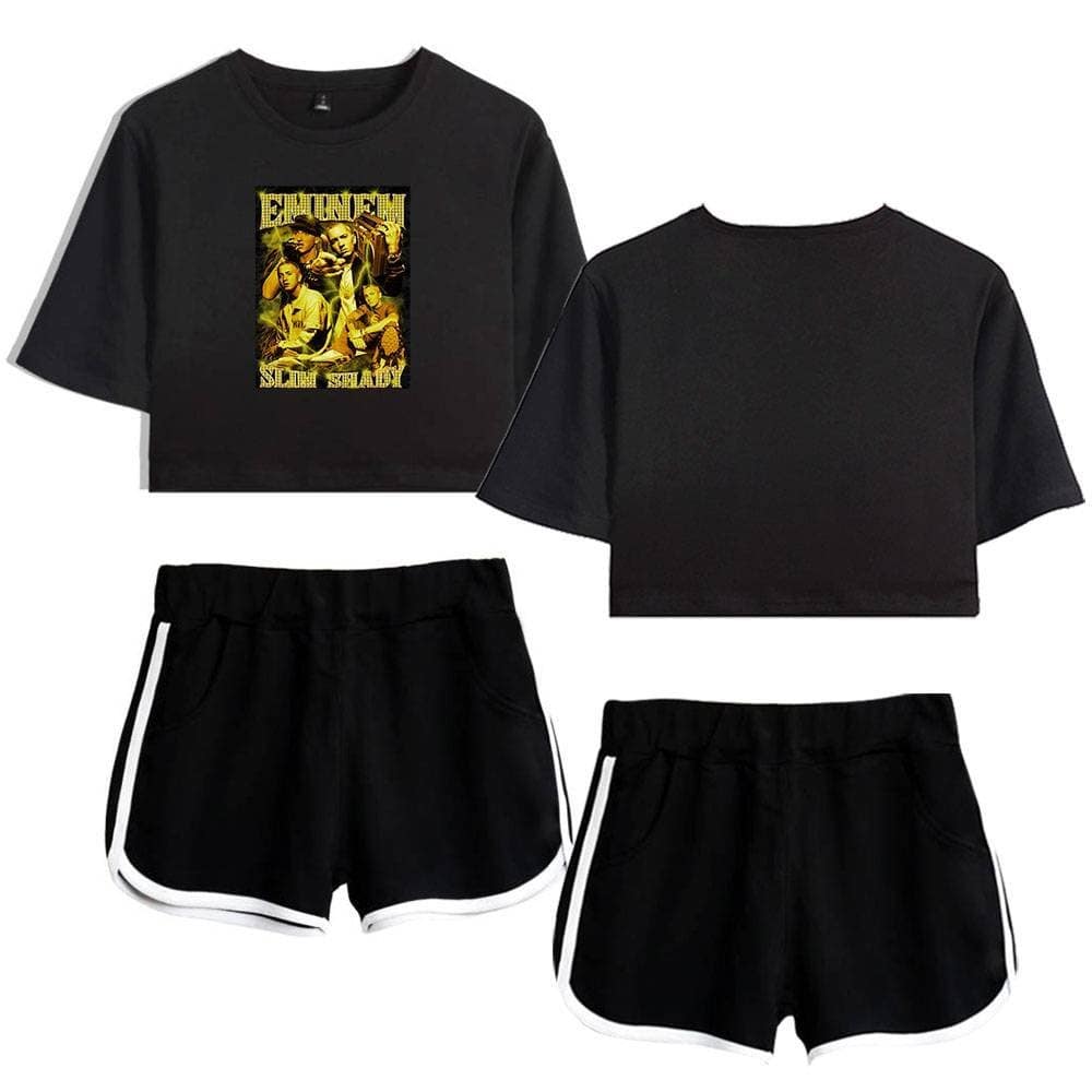 Black oversized T-shirts with Justin Bieber graphic and slogan, paired with sporty black shorts with white trim, perfect for swag streetwear and casual fashion statements.