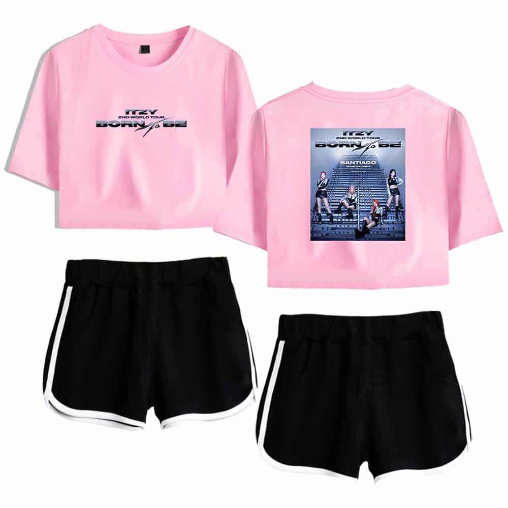 Black and pink "Justin Bieber swag merch" crop top and shorts set, featuring concert tour graphics and bold branding. Perfect for fans seeking stylish and comfortable concert-inspired apparel.