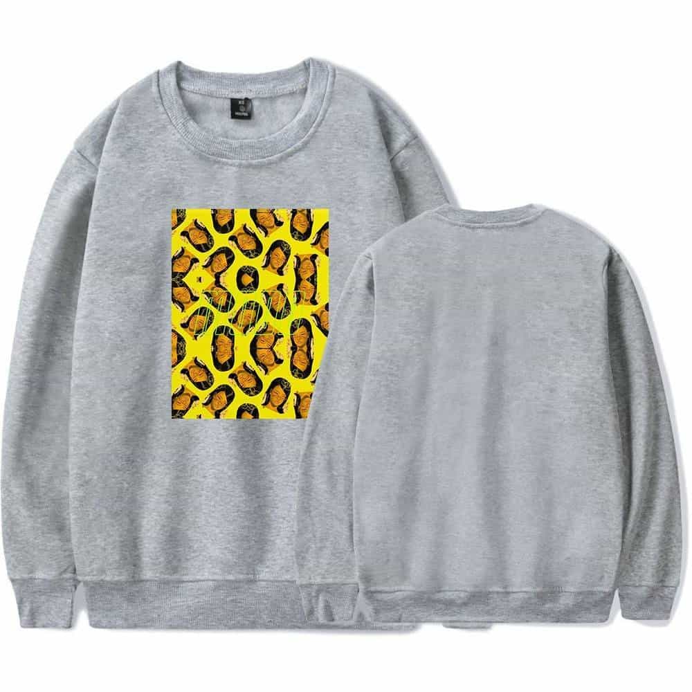 Vivid Justin Bieber swag merch sweatshirt with a bold, colorful graphic featuring a stylized portrait of Justin Bieber in a leopard print pattern. Perfect for fans to showcase their love for the artist.
