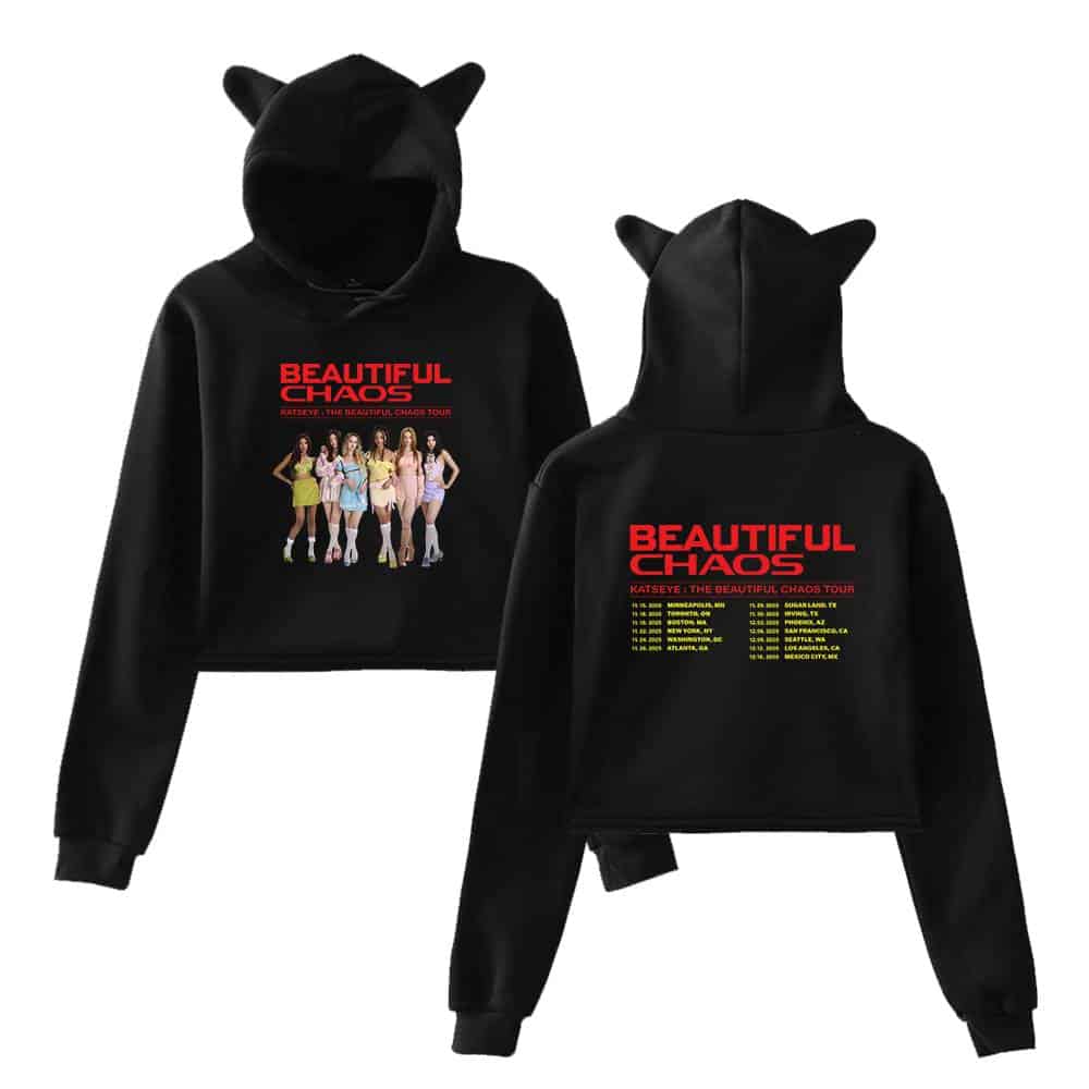 Justin Bieber swag merch hoodie featuring the girl group TWICE with "Beautiful Chaos" tour design and colorful tour dates on the back. Perfect for fans of Justin Bieber and trendy streetwear.