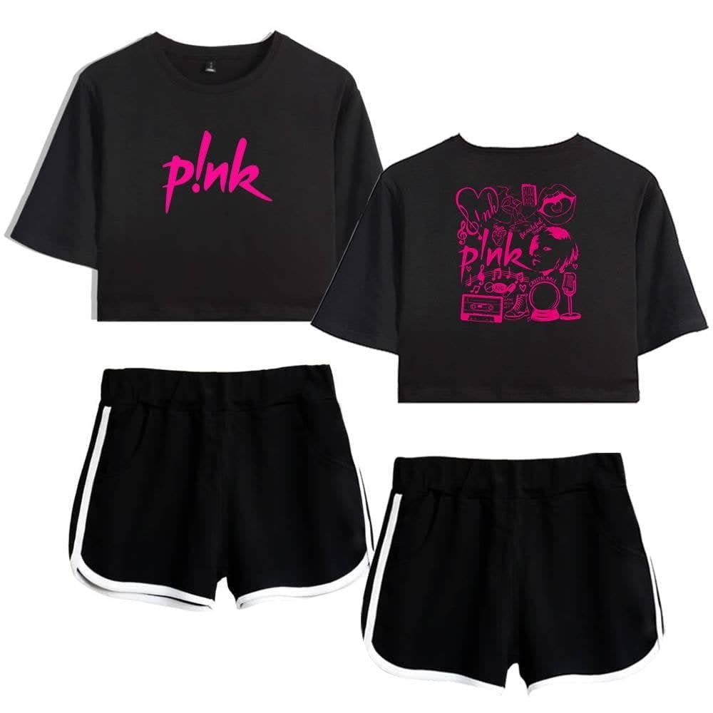 Pink logo t-shirt with casual shorts, perfect for Justin Bieber swag merch collection.