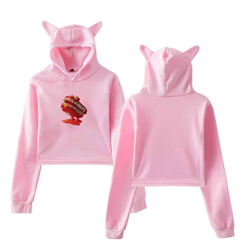 Pink hoodie set with unicorn ears and a graphic of a dinosaur with a grill, inspired by Justin Bieber's swag merchandise line. Perfect for fans who love trendy and playful streetwear.